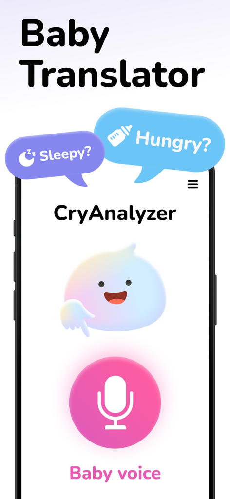 Cry Analyzer + Baby Translator - Interface do aplicativo AYA Baby Translator apresentando o Analisador de Choro com opções para identificar se um bebê está sonolento ou com fome.