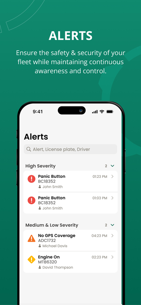Powerfleet Manager - Mobile app interface showing real-time fleet alerts categorized by high and medium severity