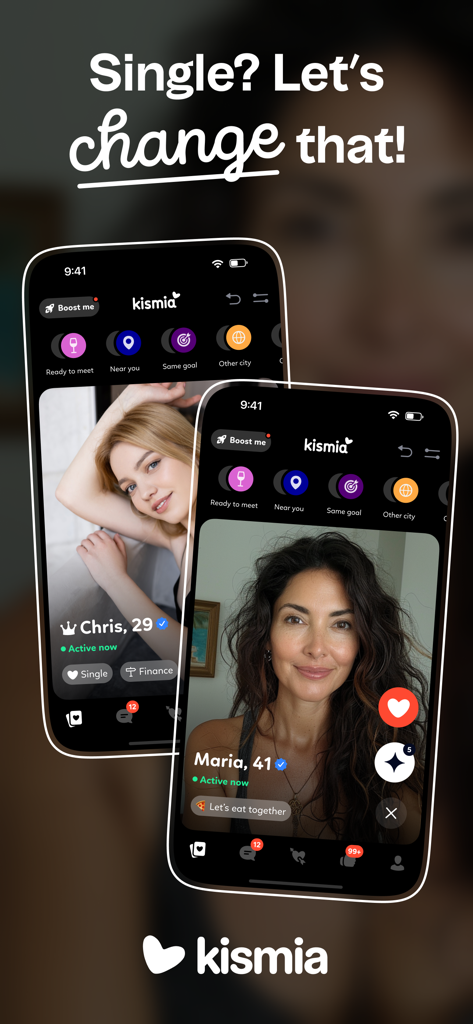 Screenshots of the Kismia dating app showing user profiles and search filters