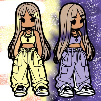 girl in baggy pants crop top and long hair