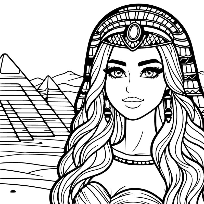 a beautiful realistic egyptian woman with pyramids behind her