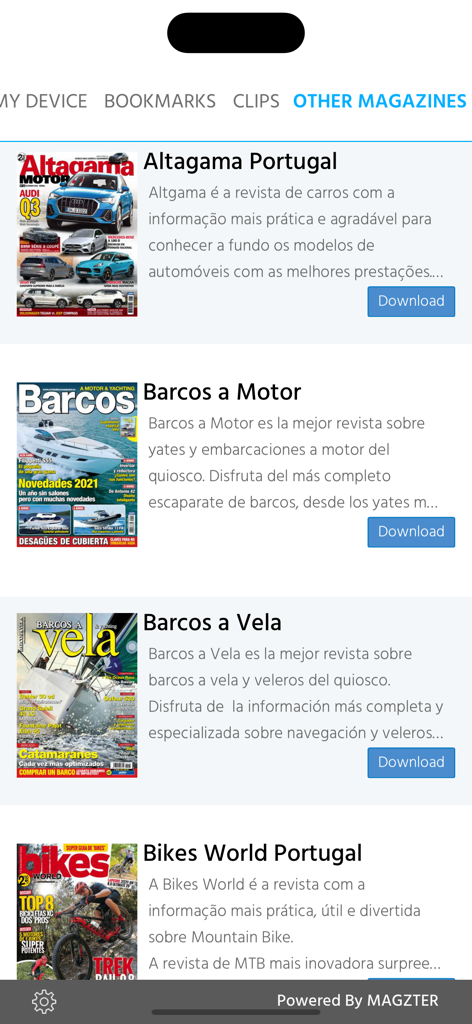 A list of other car, boat, and bike magazines available for download within the Altagama app