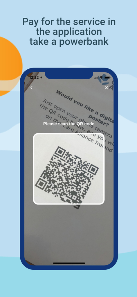 Charge and Go 앱 화면, 보조 배터리 대여를 위한 QR 코드 스캐너 표시