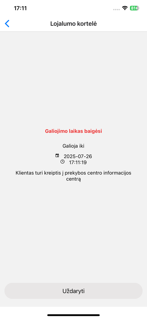 Geradovana Smart Partner - Loyalty card expiration notification screen in the Geradovana Smart Partner app