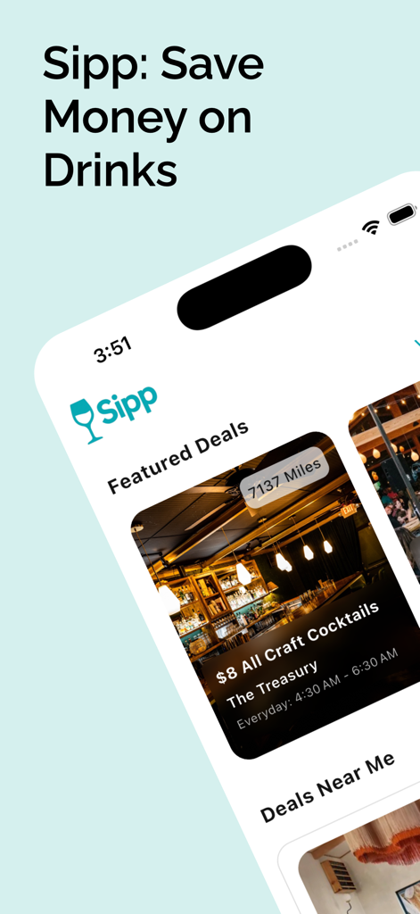 Interfaccia dell'app mobile Sipp che mostra offerte per l'happy hour in evidenza per cocktail artigianali