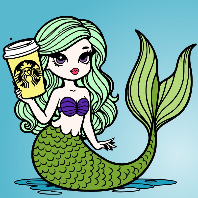 a mermaid with a starbuks coffee cup