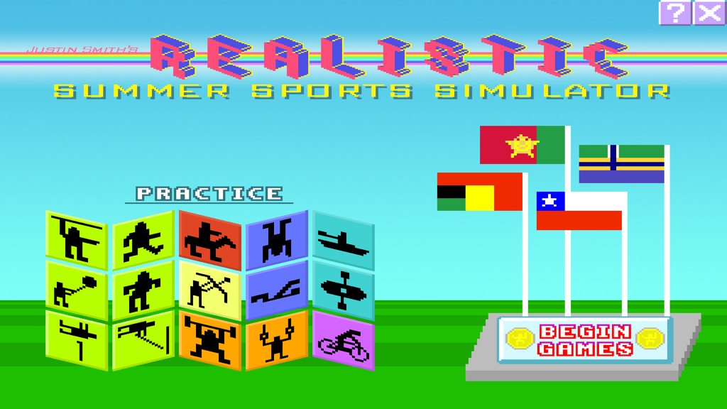 Realistic Summer Sports - Main menu of Realistic Summer Sports Simulator showing pixel art sports icons and flags.