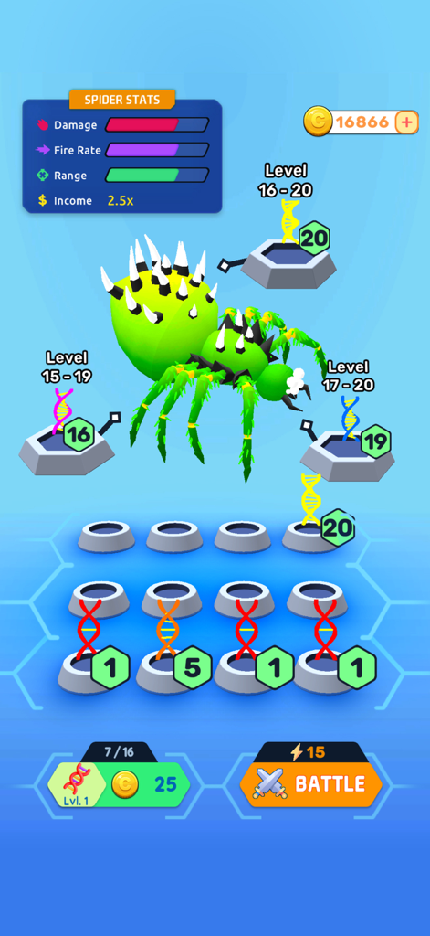 Spider Evolve n Shoot - Spider Evolve n Shoot game screen showing spider stats and DNA evolution mechanics