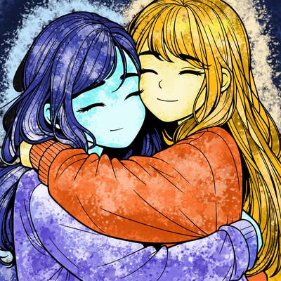 realistic two girls hugging