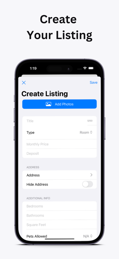 Roomie - Find a Roommate - A mobile interface for the Roomie app showing the Create Listing form with fields for photos, price, address, and property details.