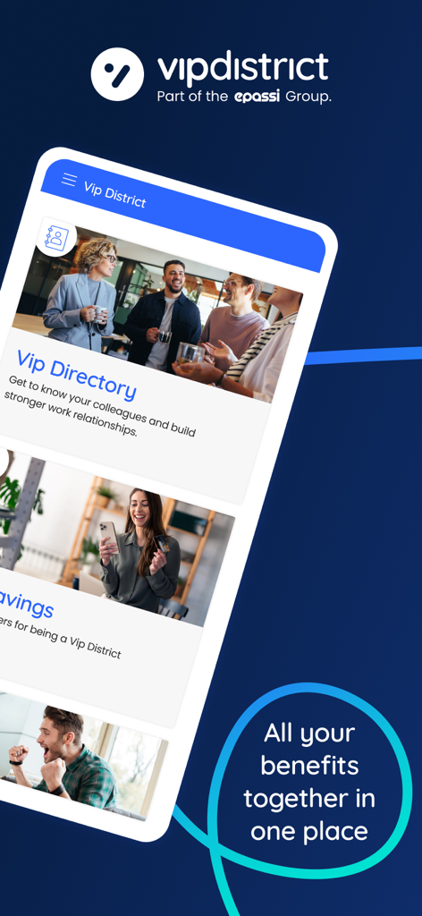 Vip District - Vip District app interface showing employee benefits and colleague networking features