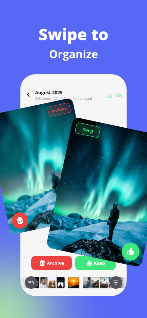 AI Cleaner - Storage Cleanup - A mobile app interface showing a swipe-to-organize feature for photos with keep and archive options.