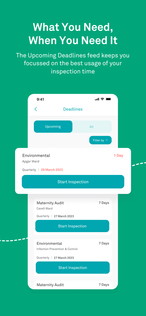 Tendable | Healthcare Audits - Tendable app screen showing a list of upcoming healthcare inspection deadlines with start buttons