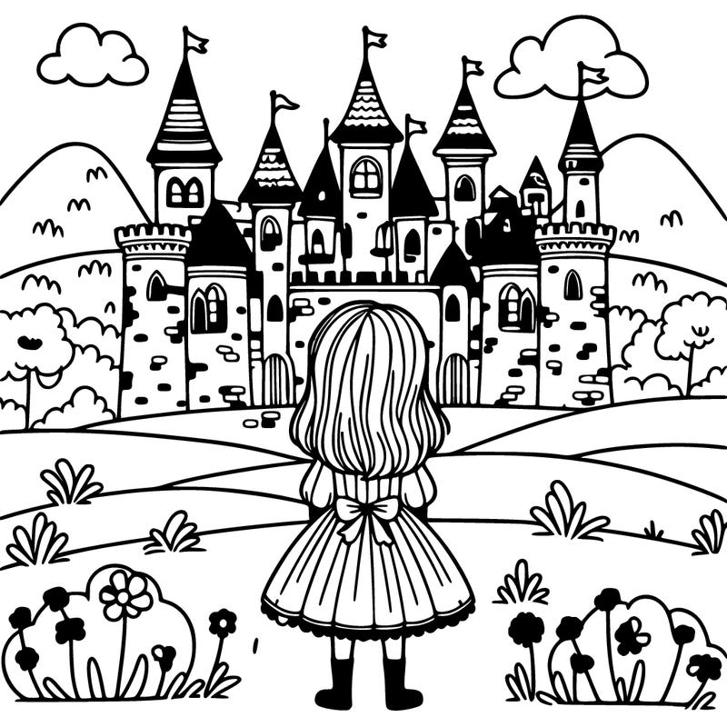 a girl in front of a castle  on the hill with her back to us