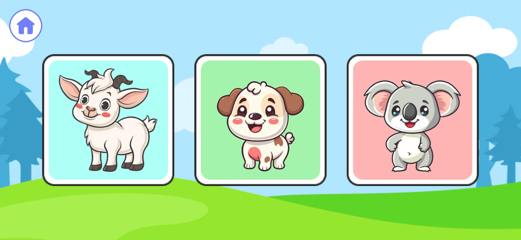 Três cartões de animais de desenhos animados apresentando uma cabra, um cachorro e um coala para aprendizado interativo da fala.