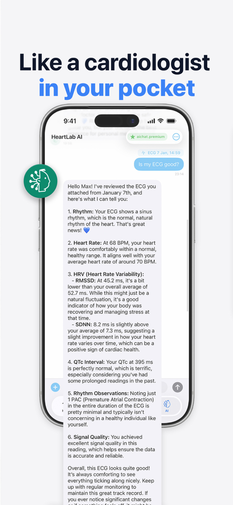 HeartLab AI chatbot providing a detailed analysis of an ECG recording including heart rate and HRV metrics