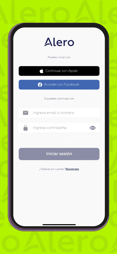 Écran de connexion de l'application Alero montrant des options de connexion sociale et manuelle