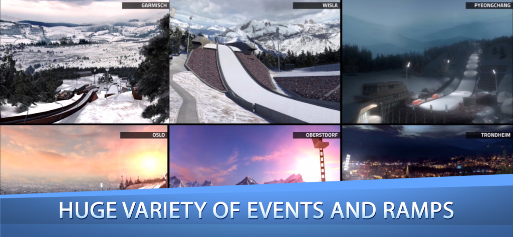 Ski Jumping Pro - A grid showcasing multiple international ski jumping ramps and locations from the game