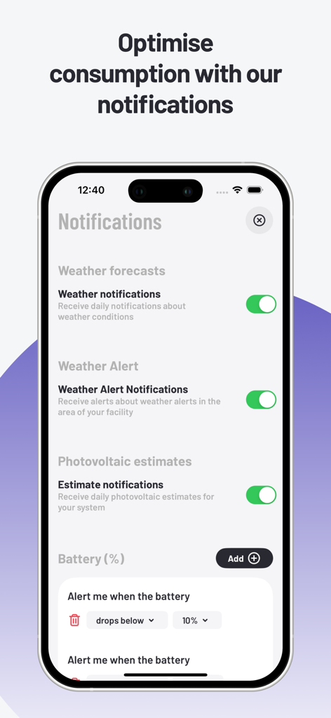 Kilowatt Solar Energy Forecast - Pantalla de configuración de notificaciones para alertas meteorológicas y estimaciones fotovoltaicas en la aplicación Kilowatt