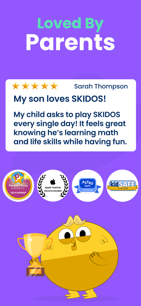 Parent testimonial and educational award badges for the Skidos learning app