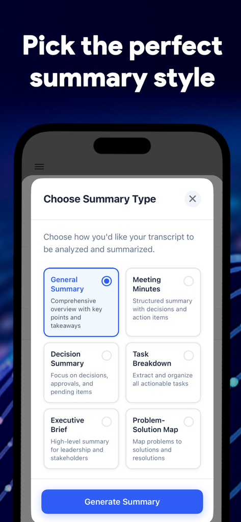 Gist: Transcribe Audio to Text - A mobile interface showing options to choose summary types like meeting minutes and executive brief in the Gist app