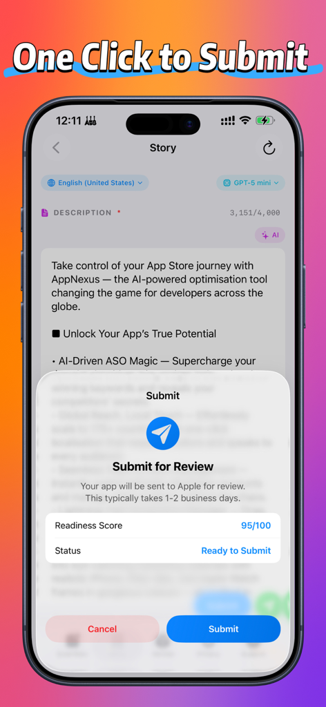 95%の準備完了スコアで、App Store Connectのワンクリック提出モーダルを表示するモバイルアプリインターフェース