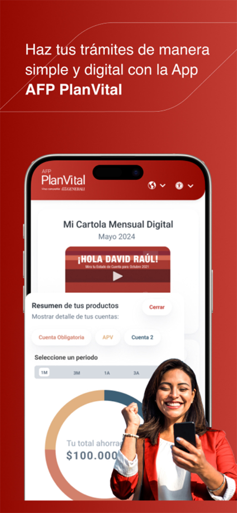 AFP PlanVital - A woman smiling while holding a smartphone displaying the AFP PlanVital app interface for pension and savings management