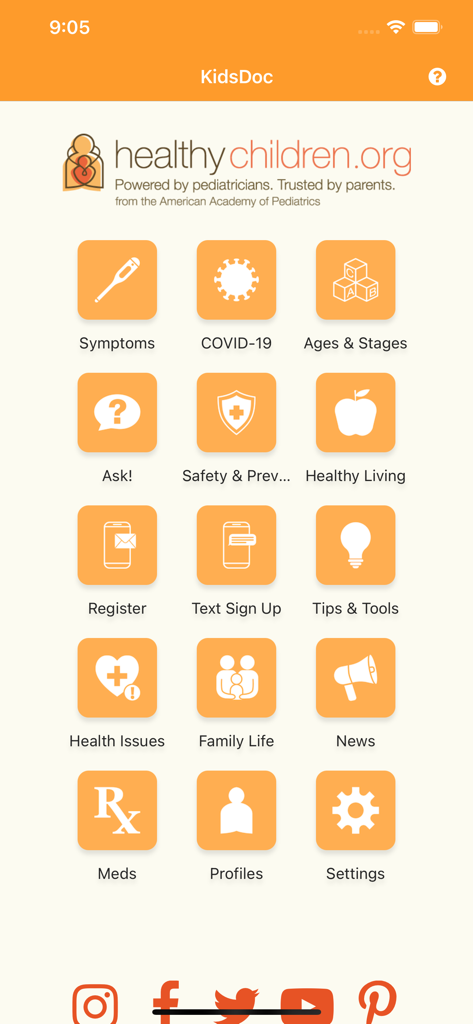 Main menu of the KidsDoc app featuring health resource categories like symptoms meds and safety tips powered by the American Academy of Pediatrics.