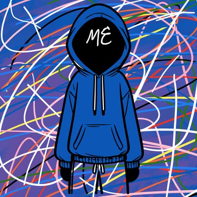 faceless girl in a tracksuit with a hood on and no hair