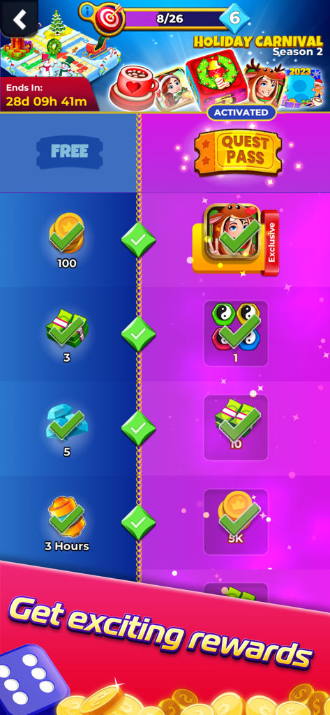 Ludo SuperStar game screen showing Holiday Carnival seasonal rewards and quest pass progress.