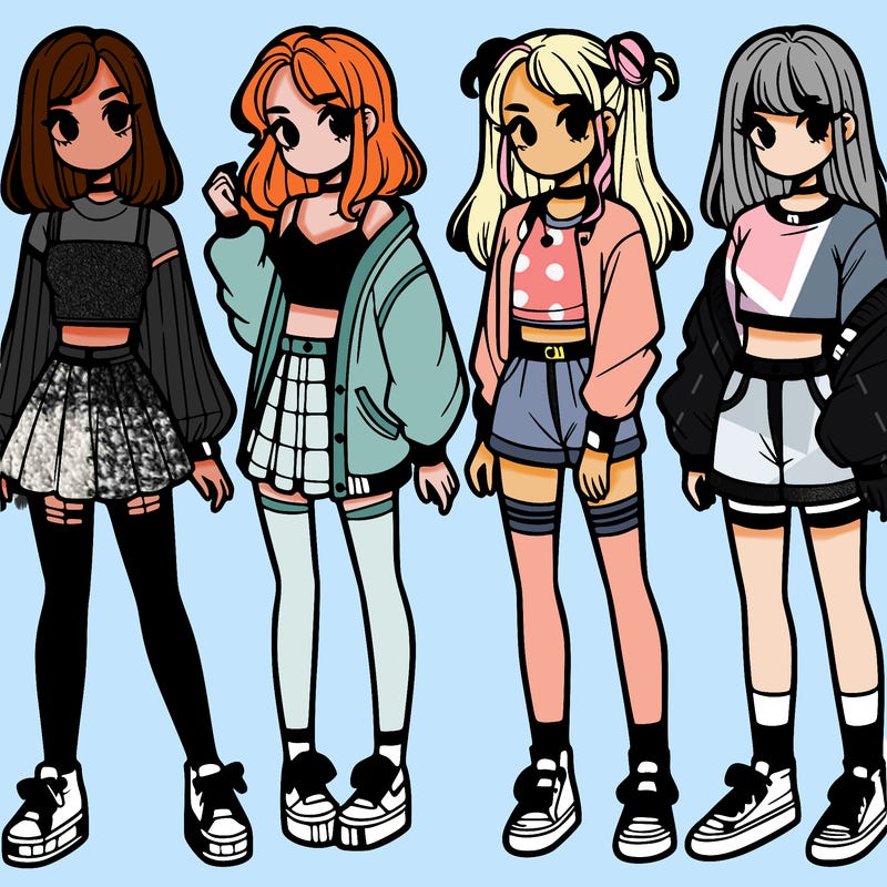 one girl with crop-top shirt and a jacket with a skirt, long socks and another girl with a shirt and pants with a jacket