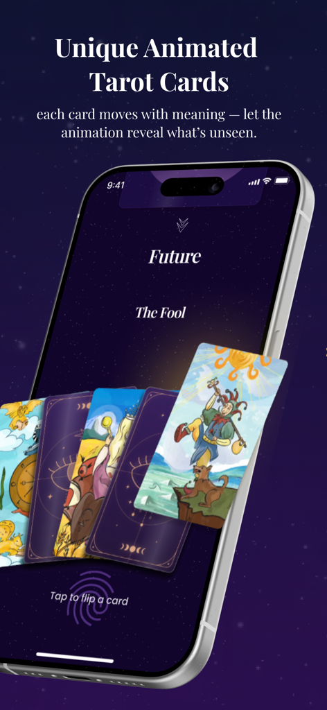 Tarotoo app interface showing animated tarot cards on a smartphone for spiritual readings