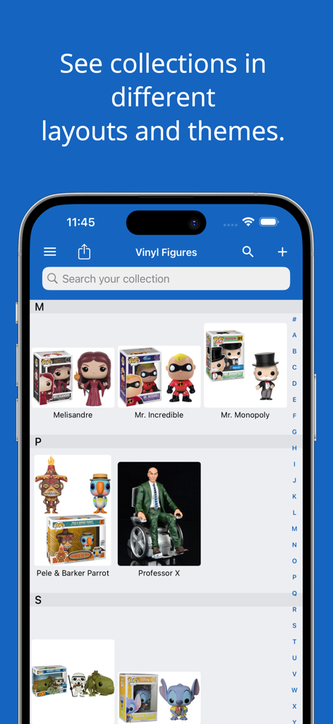 iCollect Vinyl Figures: Funko - Una interfaz móvil que muestra una cuadrícula de figuras de vinilo Funko Pop organizadas alfabéticamente con imágenes y títulos.
