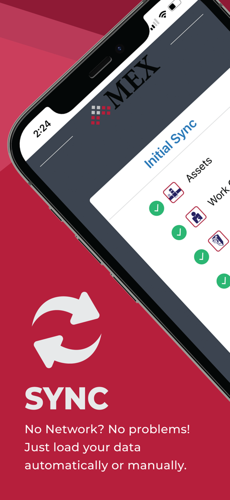 MEX Mobile - MEX Mobile App-Oberfläche, die den anfänglichen Datensynchronisierungsprozess für die Offline-Instandhaltungsverwaltung anzeigt