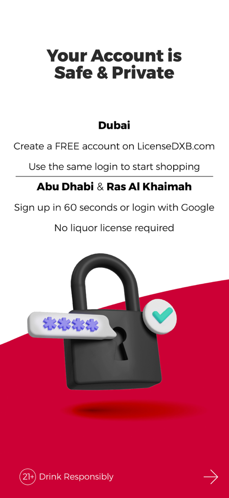 Account safety and privacy information for the African and Eastern UAE app showing liquor license requirements for Dubai Abu Dhabi and Ras Al Khaimah