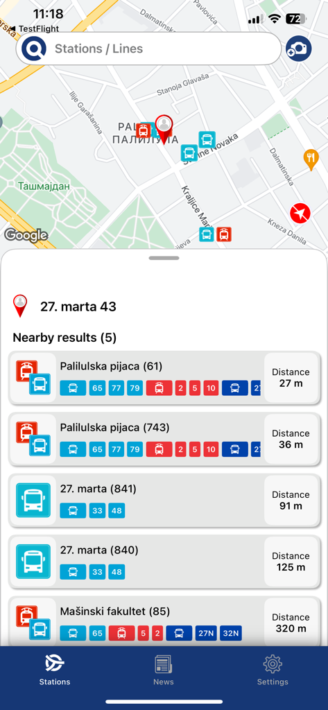 Beograd Plus - Interface of the Beograd Plus app showing a map and list of nearby public transport stations with line numbers and distances in Belgrade.