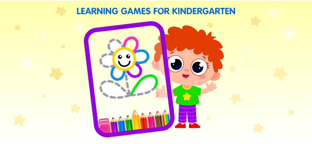 Drawing Games Apps for Kids - A cartoon boy standing next to a tablet displaying a flower drawing activity for kindergarten learning