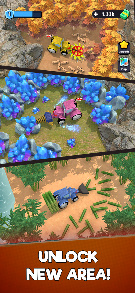 Mobile game screenshot showing different harvesting zones for wood, crystals, and bamboo with various machinery