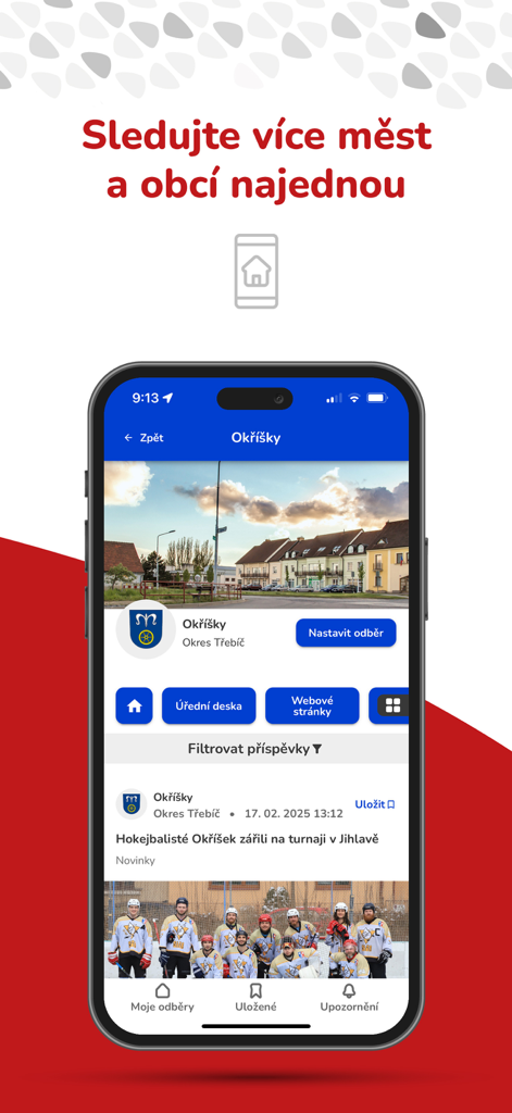 Města a obce - Mobile app dashboard displaying local town news and municipality alerts for residents.