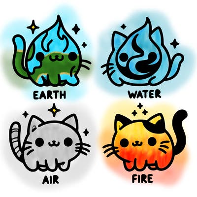 4 cats that represent the different elements, earth, water, air, and fire
