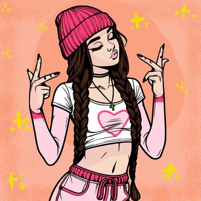 realistic teenage girl with braids and a beanie and crop top doing 🫶🏼