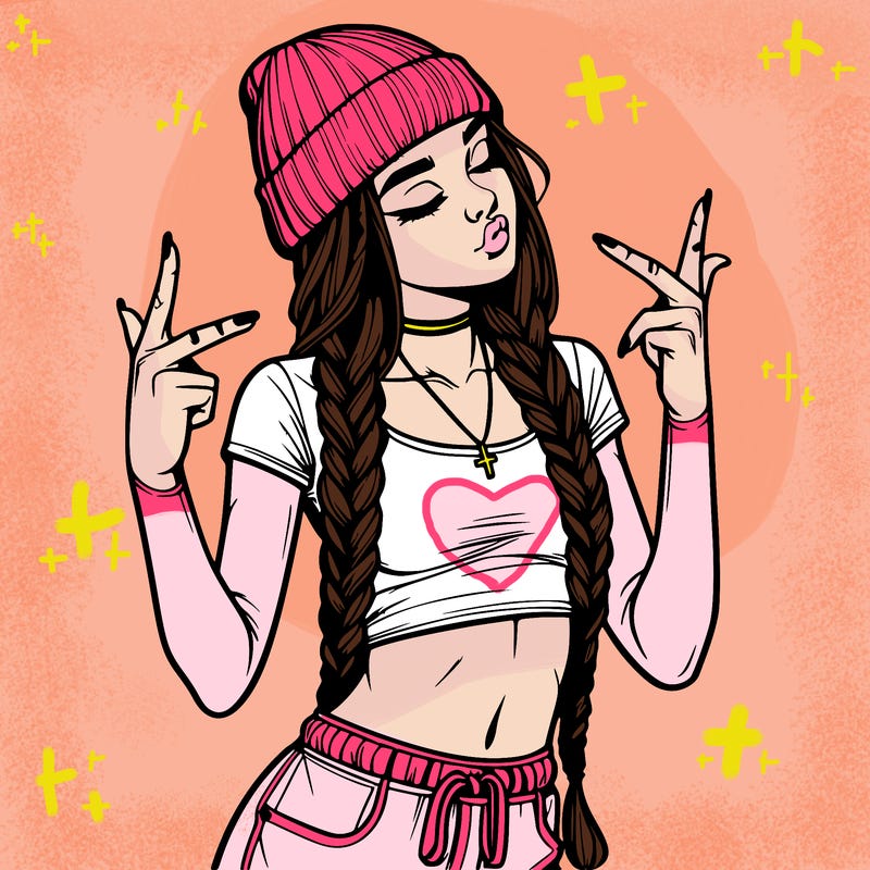 realistic teenage girl with braids and a beanie and crop top doing 🫶🏼