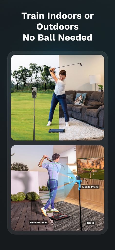 Golf Daddy: Golf At Home - Golf Daddy app showing indoor and outdoor swing training with AI skeletal tracking and a simulator mat