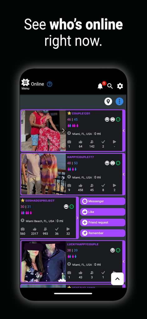 SDC Adult Dating app screen showing a list of online couple profiles with ages and locations