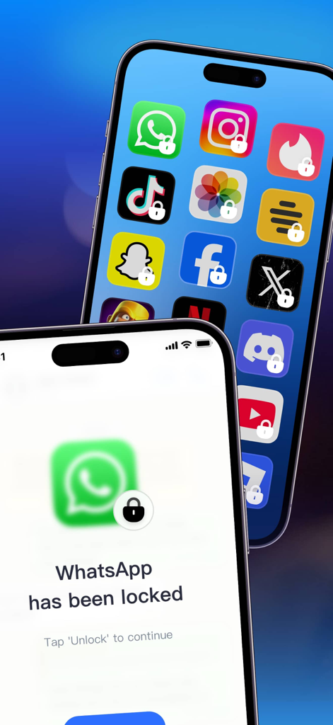 Smartphone screen showing social media icons with padlocks and a notification stating WhatsApp has been locked.