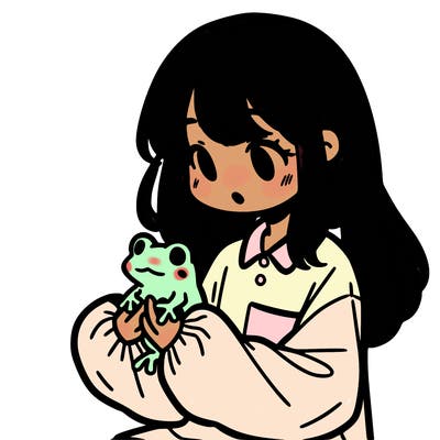 girl with long hair and a oversized shirt. and she is holding a frog