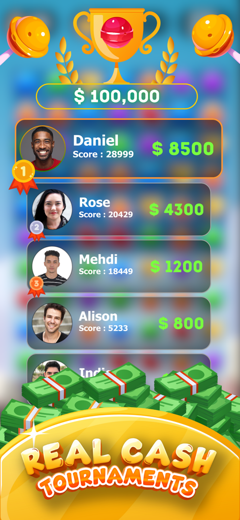 Sugar Cash Match3 Money Prizes - Placar exibindo os melhores jogadores e seus prêmios em dinheiro real em um torneio de quebra-cabeça de combinar 3.