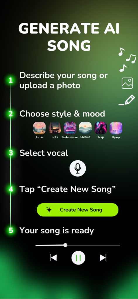 AI Music & Song Generator - AI - Una guía paso a paso sobre cómo generar una canción IA a partir de una foto o descripción, incluyendo selección de género y opciones vocales