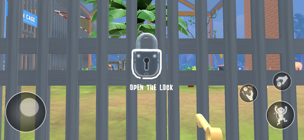 Crazy Monkey Zoo Survival Game - Tela de jogabilidade de Crazy Monkey Zoo Survival Game mostrando um prompt para abrir um cadeado em uma jaula com uma chave dourada