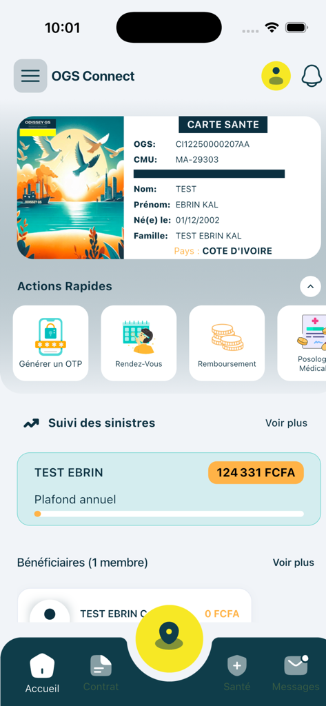 OGS Connect - Painel do aplicativo OGS Connect mostrando um cartão de saúde digital e ícones de ação rápida para consultas médicas e reembolsos.